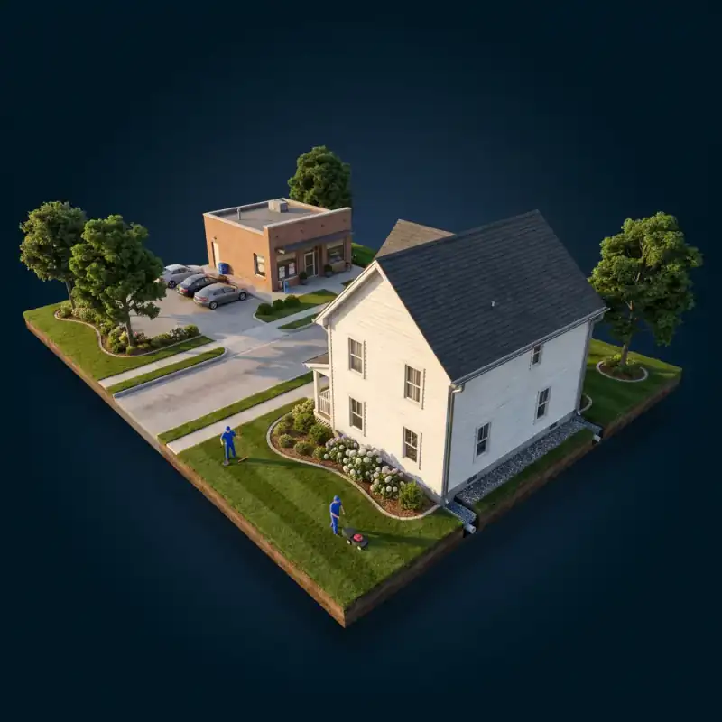 Illustrated miniature neighborhood with a house, lawn, planting beds and a separate commercial property